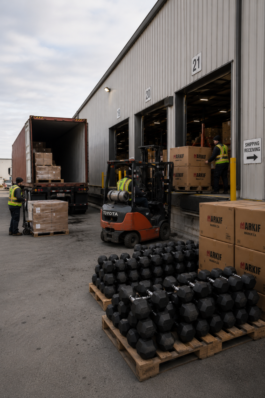 Markif equipment being unloaded at the loading dock of the warehouse