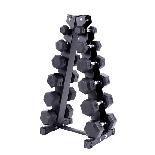 Set of 5-30 lbs rubber dumbbells with six-pair vertical rack from Markif, showcasing durable, colorful weights for strength training.