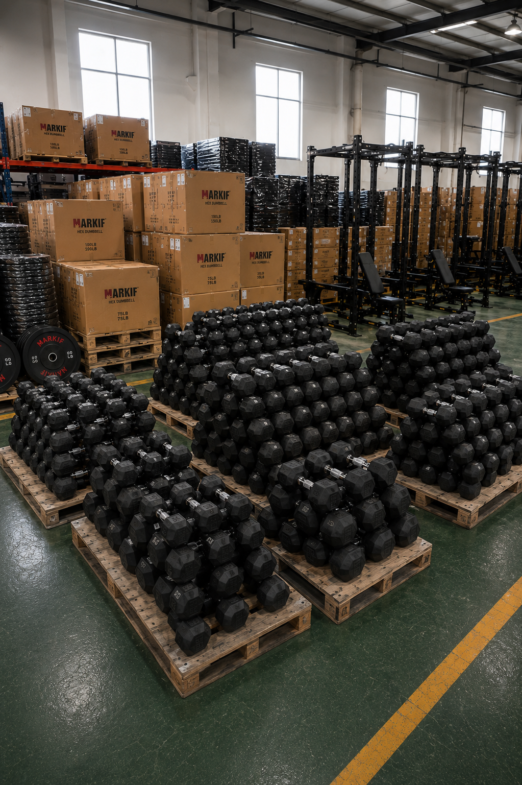 Pallets of rubber hex dumbbells in the Markif warehouse