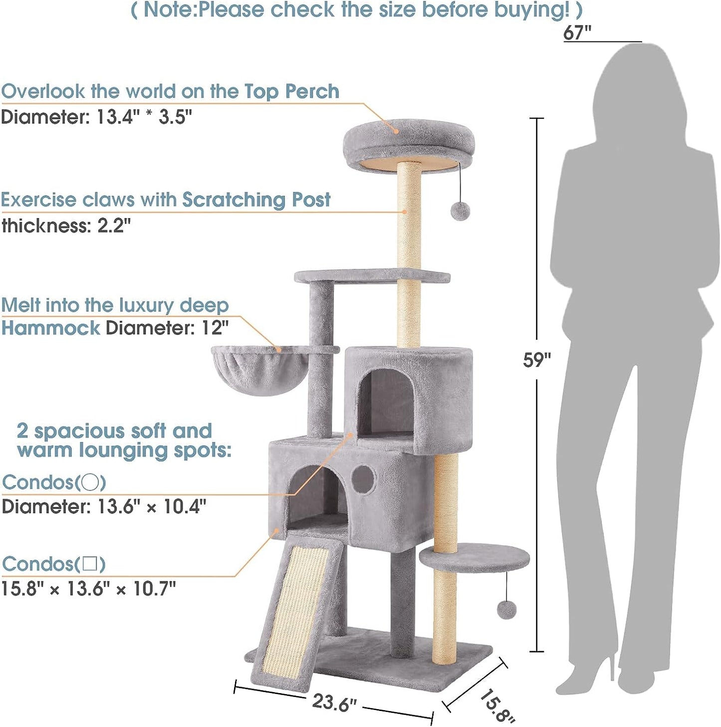 Multi-Level Cat Tree with Condos, Scratching Posts and Hanging Toys