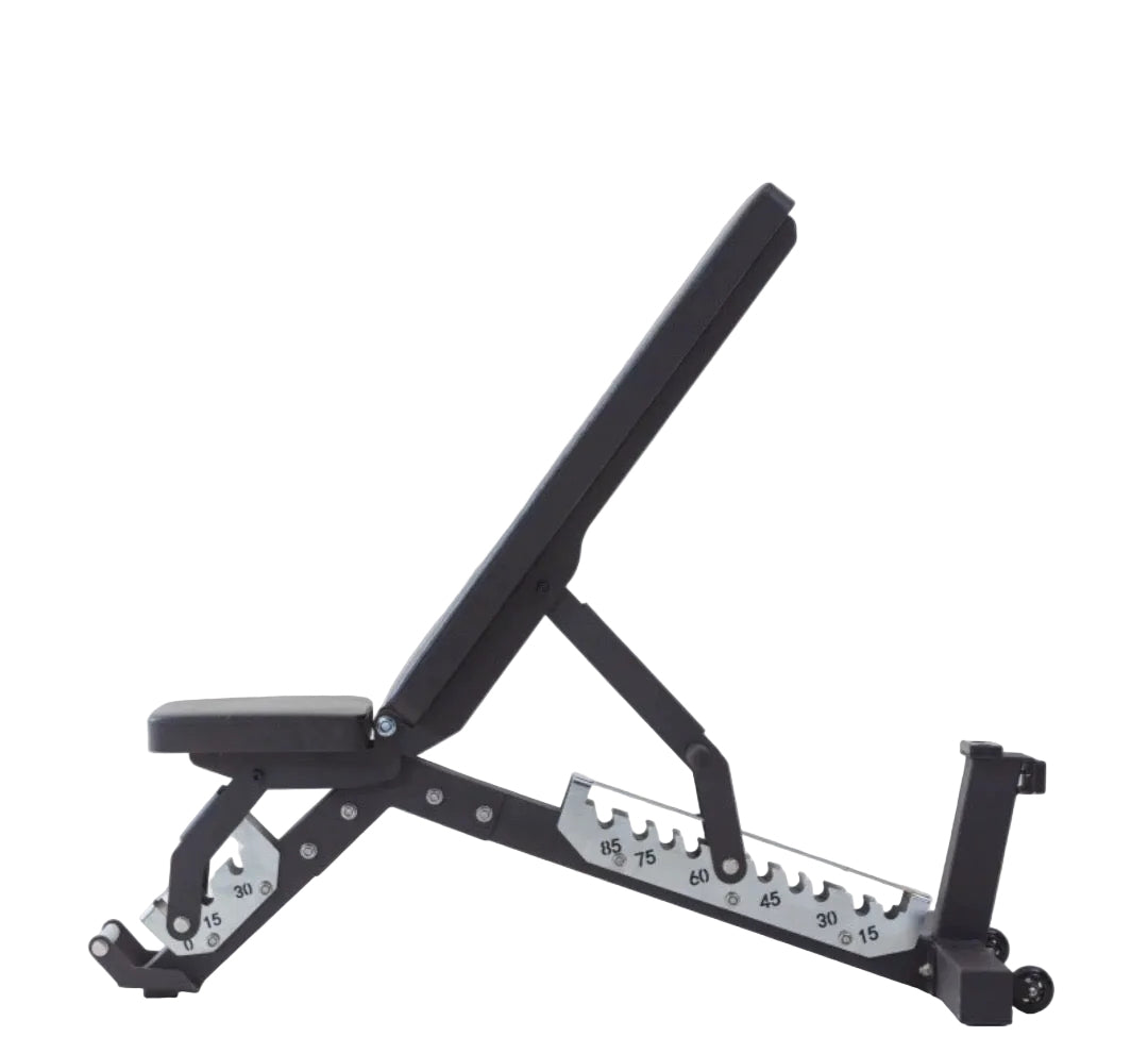 Heavy-duty adjustable home gym bench by Markif with padded seat and backrest, suitable for strength training and versatile workouts.