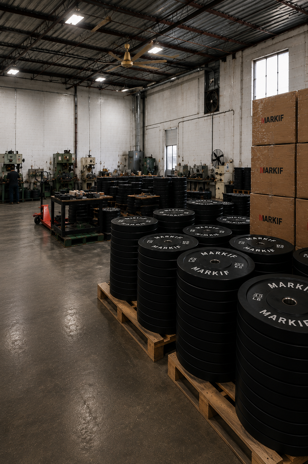 Stacks of Markif bumper plates on pallets in the warehouse