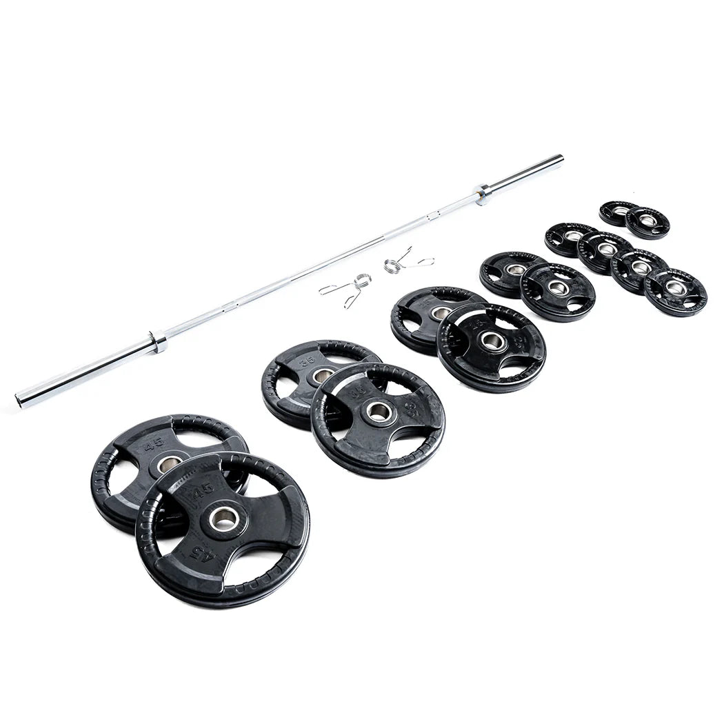 245 lb Rubber-Coated Olympic Plate Set with 7 ft Barbell