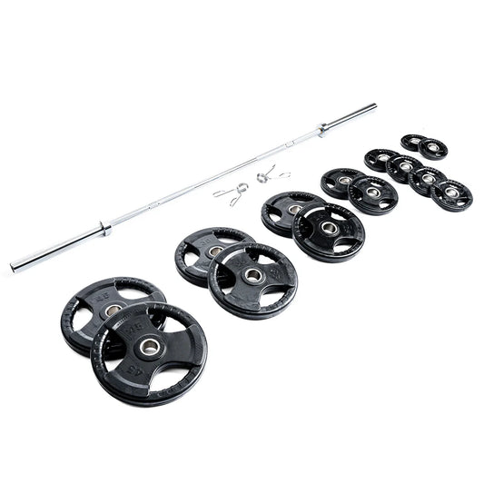 245 lb Rubber-Coated Olympic Plate Set with 7 ft Barbell