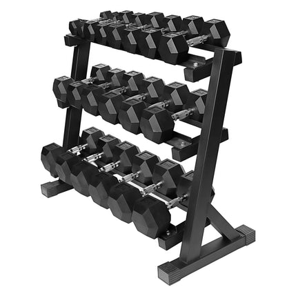 5-50lbs Rubber Dumbbell Set with Commercial 3-Tier Dumbbell Rack