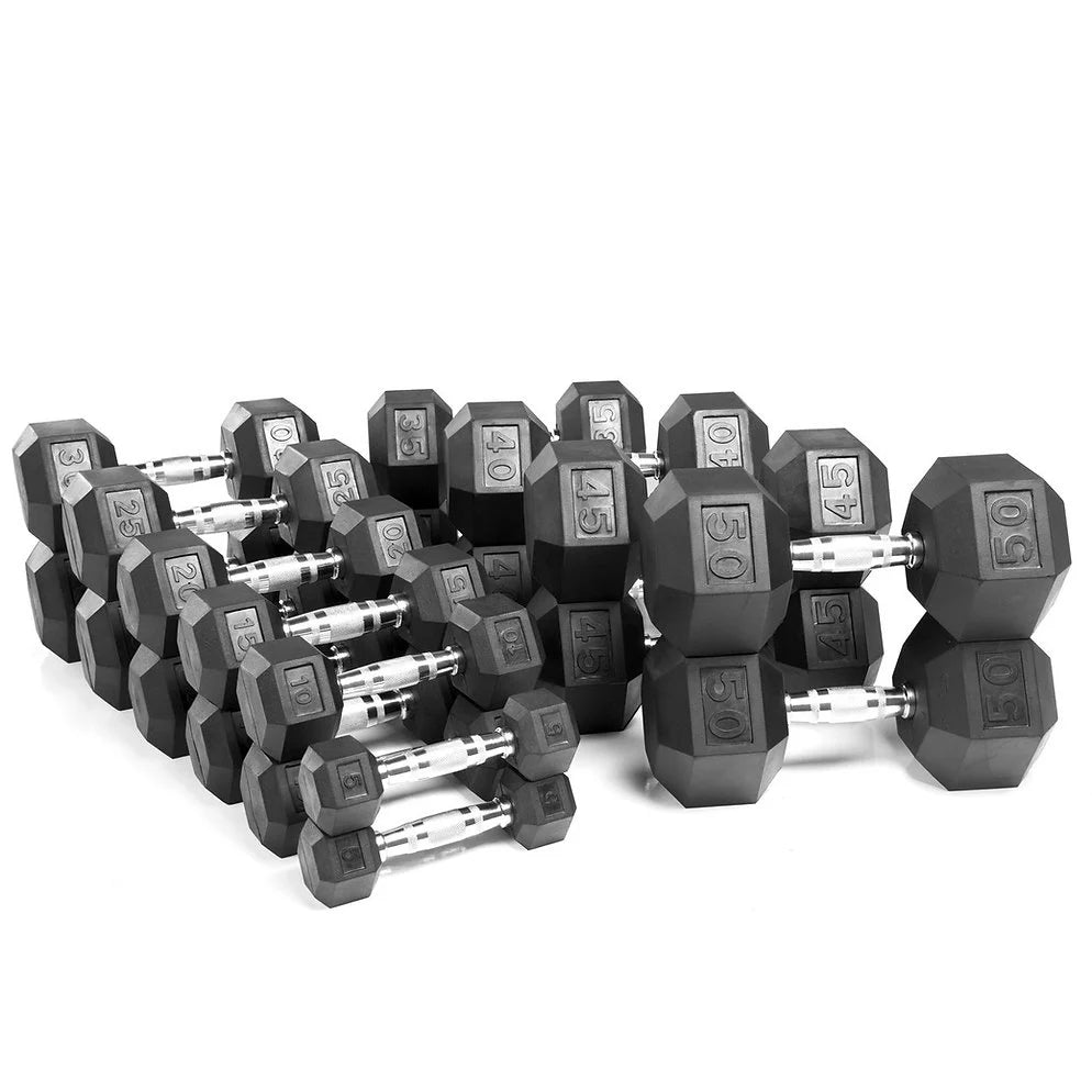 5-50lbs Rubber Dumbbell Set with Commercial 3-Tier Dumbbell Rack