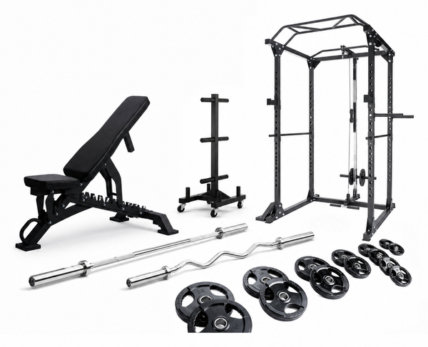 Markif Strength Bundle: power rack, adjustable bench, plate tree, Olympic bar, EZ curl bar and plates