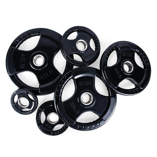 Set of 245 lb rubber-coated Olympic weight plates with tri-grip design, black finish, compatible with standard barbells.